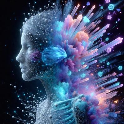 The primary subject of the image is a digital artwork of a woman's face, with a colorful and abstract design. The setting is a dark background, which contrasts with the vibrant colors of the artwork. The visual style is a combination of photo, digital art, and illustration, creating a unique and eye-catching piece. The colors and mood of the image are lively and energetic, with a focus on the woman's face and the intricate details of the artwork.